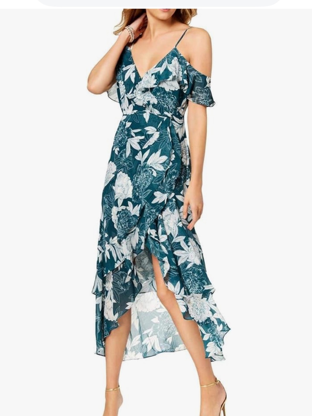 Bardot Teal Floral Cold-Shoulder Wrap Dress